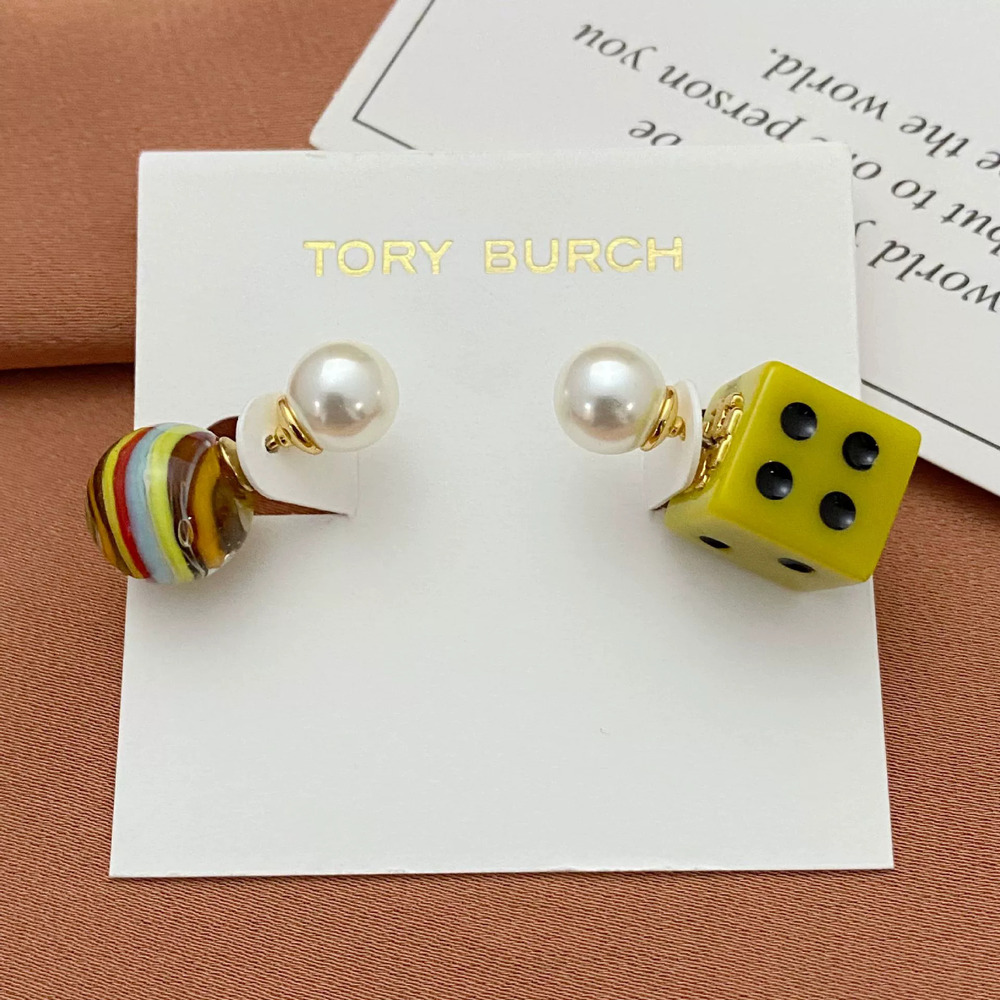 Tory Burch Colorful Glass Beads Pearl Dice Asymmetrical Metal Stud Earrings